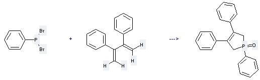 Phenylphosphonous dibromide can be used to produce 1,3,4-triphenyl-2,5-dihydro-1H-phosphole 1-oxide at the temperature of 50°C